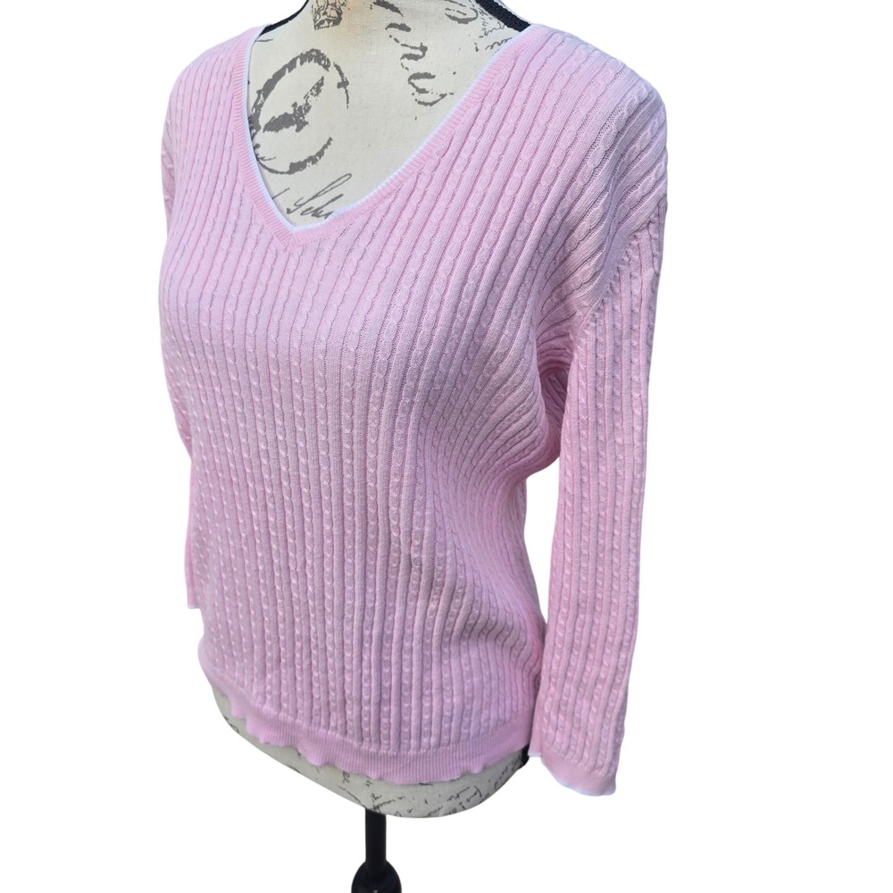 Lauren Ralph Lauren Women's Pink Cable Knit V Neck Sweater‎ 3/4 Sleeve Size S - Picture 2 of 8